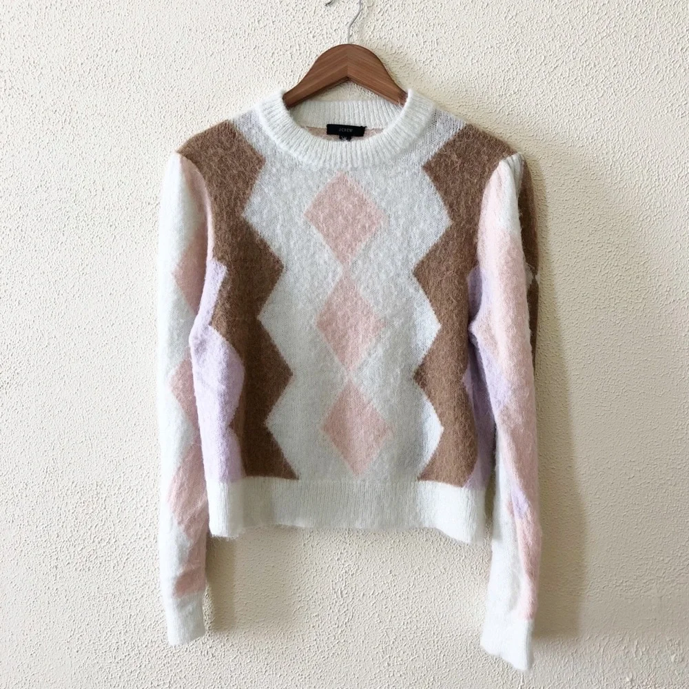 J. Crew Diamond-Checked Argyle Cropped Alpaca Blend Crewneck Sweater M